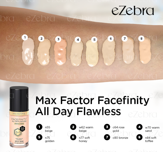 MAX FACTOR FACEFINITY ALL DAY FLAWLESS 3IN1 VEGANE FOUNDATION W62 WARM BEIGE 30ML