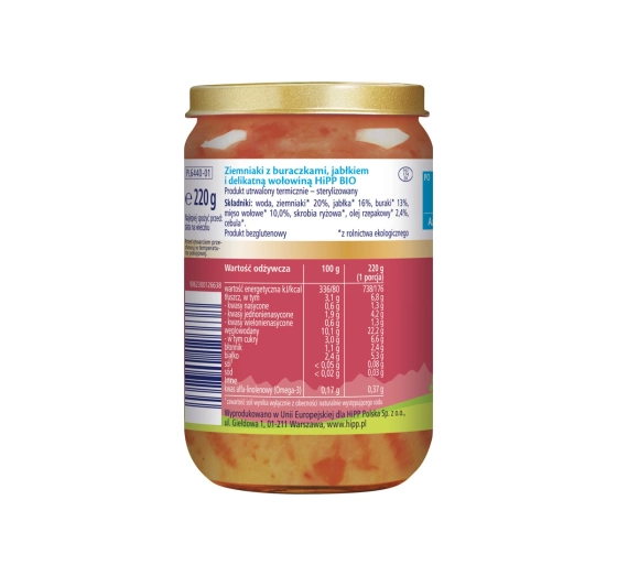 Kliknij na zdjęcie, aby je powiększyć HiPP Bio Menü nach dem 7. Monat Kartoffeln mit Roter Beete, Apfel und zartem Rindfleisch 220g