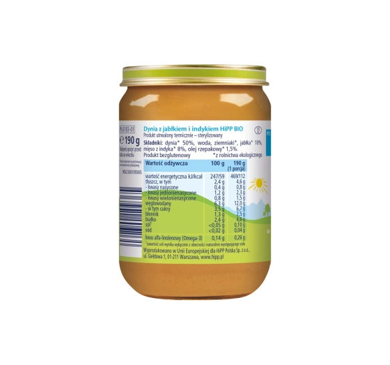 Kliknij na zdjęcie, aby je powiększyć HiPP Bio Menü nach dem 5. Monat Kürbis mit Apfel und Pute 180g