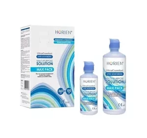 HORIEN ULTRA COMFORT REINIGUNGSFLÜSSIGKEIT FÜR KONTAKTLINSEN 360ML + 100ML + BEHÄLTER