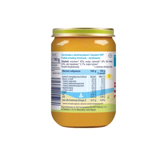 Kliknij na zdjęcie, aby je powiększyć HiPP Bio Menü nach dem 5. Monat – Karotten mit Kartoffeln und Lachs 180g