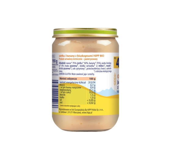 Kliknij na zdjęcie, aby je powiększyć HiPP Bio Gläschen-Dessert nach dem 4. Monat Äpfel und Bananen mit Biskuit 190 g