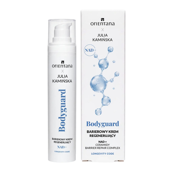 Kliknij na zdjęcie, aby je powiększyć Orientana x Julia Kamińska Longevity Code Bodyguard NAD+ Barriere-Regenerationscreme für trockene, geschwächte Haut und Haut mit gestörter Lipidbarriere 50 ml