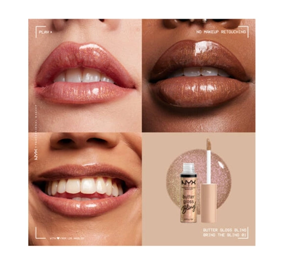 Kliknij na zdjęcie, aby je powiększyć NYX PROFESSIONAL MAKEUP BUTTER GLOSS BLING LIPGLOSS 01 BRING THE BLING 8ML