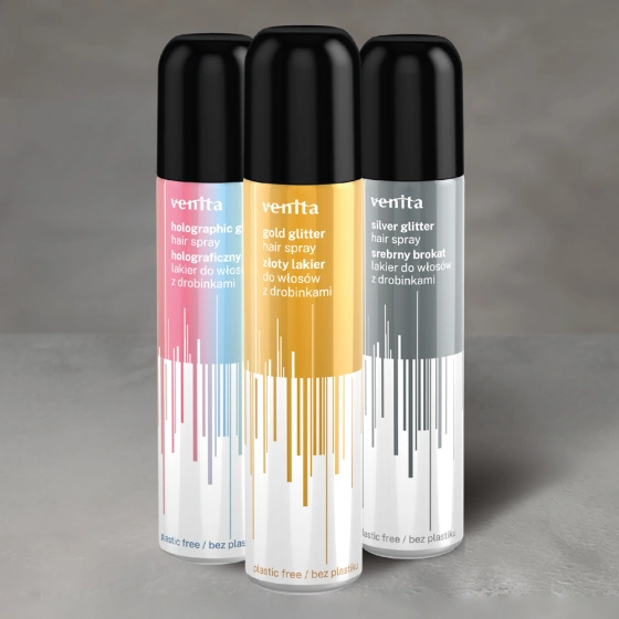 Kliknij na zdjęcie, aby je powiększyć Venita Haarspray mit Glitzer, Silber, 75 ml