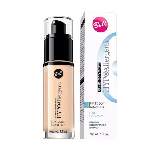 Kliknij na zdjęcie, aby je powiększyć BELL HYPOALLERGENIC MAT SOFT MAKE UP FLUID MATTIERENDE FOUNDATION 01 LIGHT BEIGE 30G