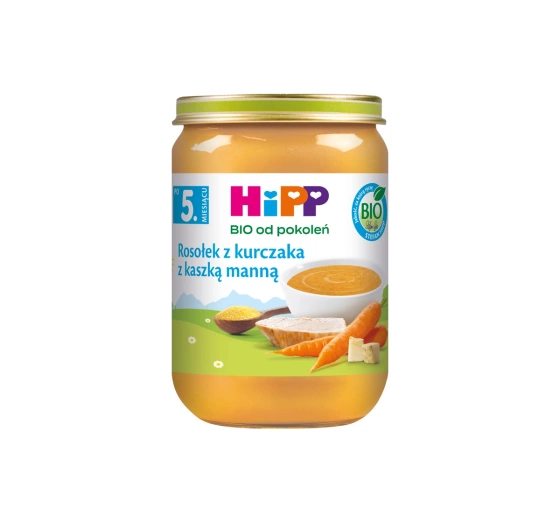 Kliknij na zdjęcie, aby je powiększyć HiPP Bio Menü im Gläschen nach dem 5. Monat – Hühnerbrühe mit Grieß 180g