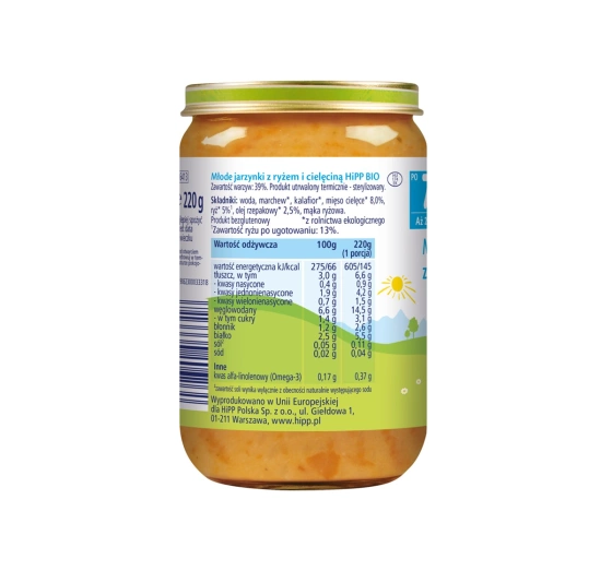 Kliknij na zdjęcie, aby je powiększyć HiPP Bio Menü nach dem 7. Monat – Junges Gemüse mit Reis und Kalbfleisch 220g