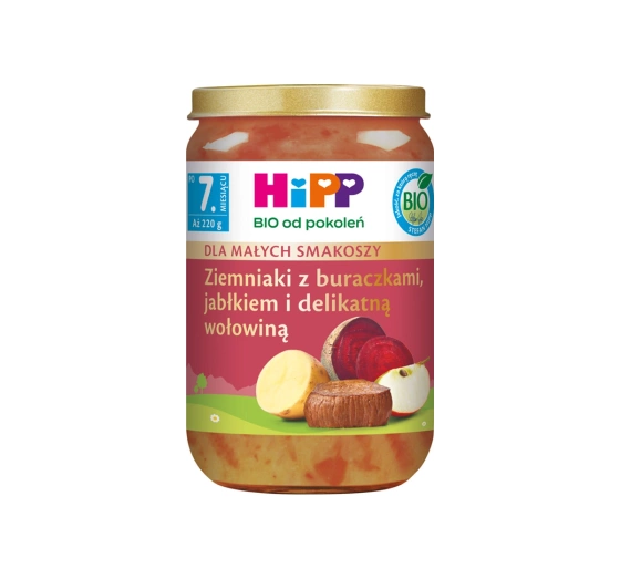 Kliknij na zdjęcie, aby je powiększyć HiPP Bio Menü nach dem 7. Monat Kartoffeln mit Roter Beete, Apfel und zartem Rindfleisch 220g