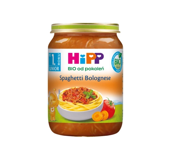 Kliknij na zdjęcie, aby je powiększyć HiPP Bio Gläschen-Mittagessen nach dem 1. Lebensjahr Spaghetti Bolognese 250 g