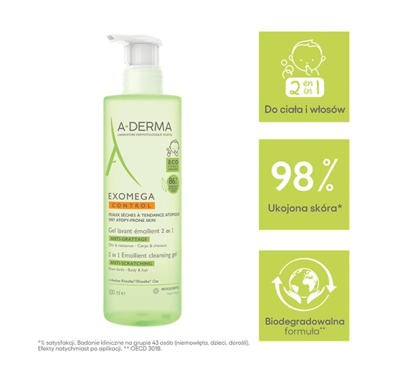 A-Derma Exomega Control weichmachendes Waschgel 2in1 gegen Kratzen 500ml