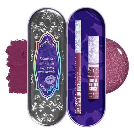 Kliknij na zdjęcie, aby je powiększyć NYX Professional Makeup Bridgerton Royal Treasures Lip Kit 02 Lippen-Make-up-Set Royal Butter Gloss Amethyst Amour 8 ml + Royal Lip Liner Talk of the Ton 0,33 g