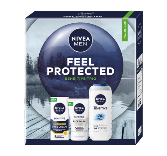 NIVEA MEN Feel Protected Sensitive Trio Geschenkset für Männer Duschgel + Gesichtswaschgel + Gesichtscreme SPF15