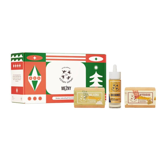 Kliknij na zdjęcie, aby je powiększyć Mydlarnia Cztery Szpaki Geschenkset Naturkosmetik für Männer Mężny Bartöl Brodomir 30 ml + Körperseife Wyrwidąb, 110 g + Seife Waligóra 110 g