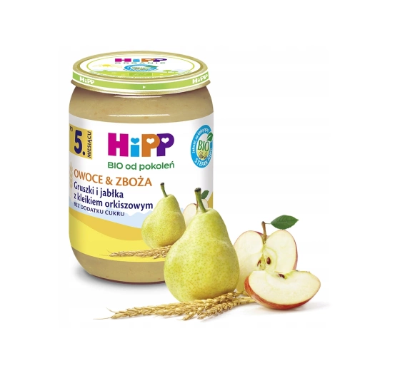 Kliknij na zdjęcie, aby je powiększyć HiPP Bio Gläschen-Dessert nach dem 5. Monat Birnen und Äpfel mit Dinkelgrieß 190 g