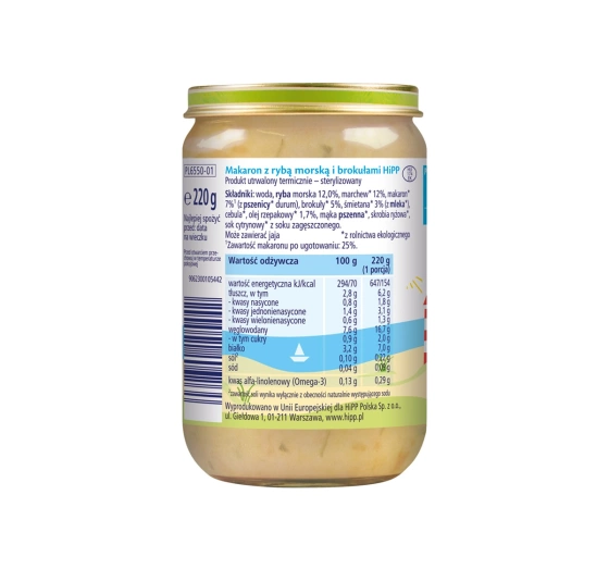 Kliknij na zdjęcie, aby je powiększyć HiPP Bio Menü nach dem 9. Monat Nudeln mit Meeresfisch und Brokkoli 220g