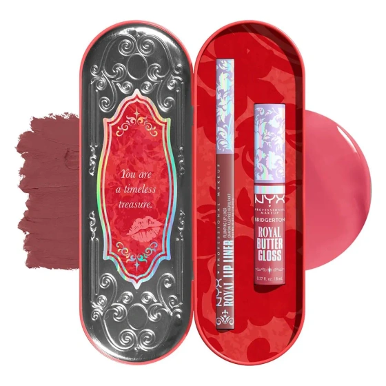 Kliknij na zdjęcie, aby je powiększyć NYX Professional Makeup Bridgerton Royal Treasures Lip Kit 01 Lippen-Make-up-Set Royal Butter Gloss Peony Passion 8 ml + Royal Lip Liner Cupid's Secret 0,33 g