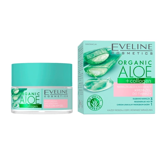 Kliknij na zdjęcie, aby je powiększyć EVELINE ORGANIC ALOE + COLLAGEN FEUCHTIGKEITSSPENDENDES UND LINDERNDES CREME-GEL 50ML