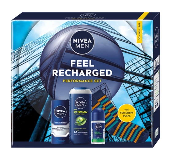 Kliknij na zdjęcie, aby je powiększyć NIVEA MEN Feel Recharged Performance Set Geschenkset für Männer Duschgel 250 ml + Gesichtscreme 75 ml + Antitranspirant Roll-on 50 ml + Socken