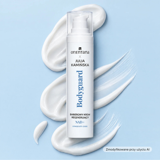 Kliknij na zdjęcie, aby je powiększyć Orientana x Julia Kamińska Longevity Code Bodyguard NAD+ Barriere-Regenerationscreme für trockene, geschwächte Haut und Haut mit gestörter Lipidbarriere 50 ml