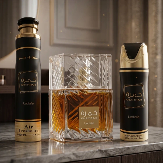 Kliknij na zdjęcie, aby je powiększyć Lattafa Khamrah Eau de Parfum Spray 100 ml + Deospray 200 ml + Raumduft Spray 300 ml