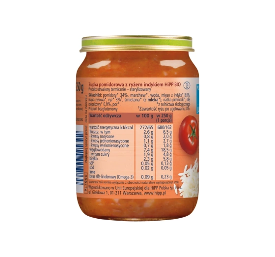 Kliknij na zdjęcie, aby je powiększyć HiPP Bio Gläschen nach dem 1. Lebensjahr Tomatensuppe mit Reis und Pute 250 g