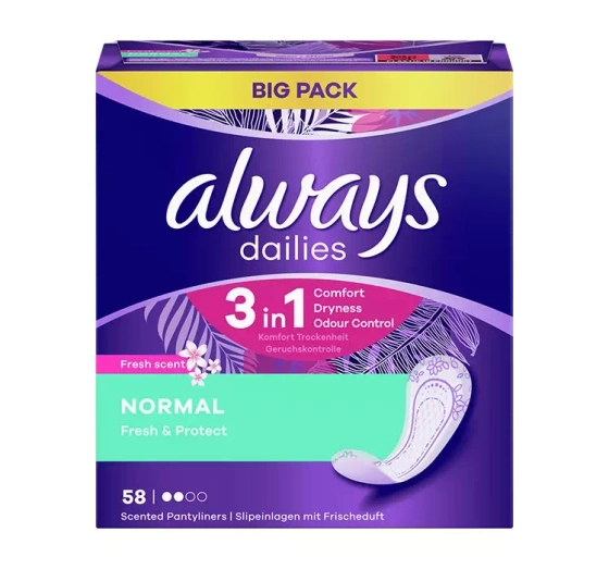 Kliknij na zdjęcie, aby je powiększyć ALWAYS DAILIES FRESH & PROTECT NORMAL FRESH SCENT SLIPEINLAGEN 58 STÜCK