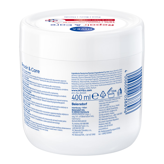 Kliknij na zdjęcie, aby je powiększyć NIVEA REPAIR & CARE FEUCHTIGKEITSSPENDEND-REGENERIERENDE CREME FÜR GESICHT KÖRPER HÄNDE 400ML