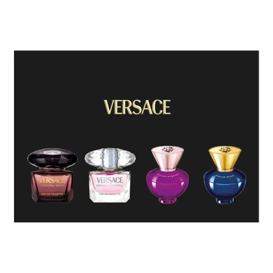 Kliknij na zdjęcie, aby je powiększyć Versace Eau de Toilette Crystal Noir 5 ml + Bright Crystal 5 ml + Eau de Parfum Dylan Purple Pour Femme + Dylan Blue Pour Femme 5 ml