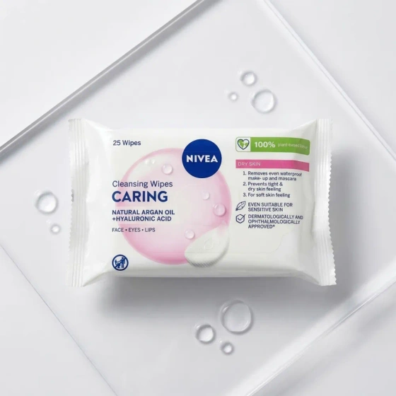 Kliknij na zdjęcie, aby je powiększyć NIVEA Cleansing Wipes Caring Feuchte Abschminktücher für trockene Haut 25 Stück