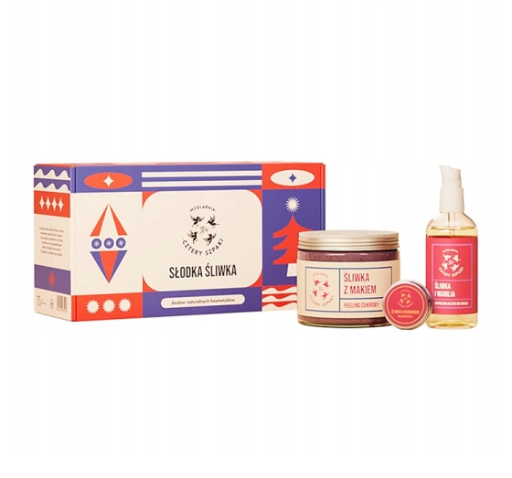 Mydlarnia Cztery Szpaki Geschenkset mit Naturkosmetik Süße Pflaume Zuckerpeeling 250 ml + Körperöl 100 ml + Lippenbalsam 15 ml