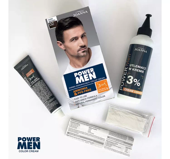 Kliknij na zdjęcie, aby je powiększyć JOANNA POWER MEN COLOR CREAM HAARFARBE FÜR MÄNNER 02 DARK BROWN