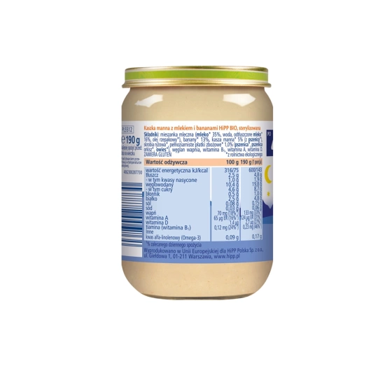 HiPP Bio Gläschen-Dessert nach dem 4. Monat Grießbrei mit Milch und Bananen 190 g