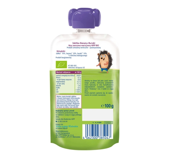 Kliknij na zdjęcie, aby je powiększyć HiPP Bio Frucht-Gemüse-Püree im Quetschbeutel nach dem 5. Monat Äpfel Bananen Rote Bete 100 g