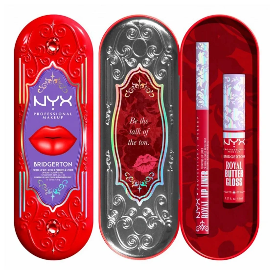 NYX Professional Makeup Bridgerton Royal Treasures Lip Kit 04 Lippen-Make-up-Set Royal Butter Gloss Rouge Romance 8 ml + Royal Lip Liner Flirt Alert 0,33 g