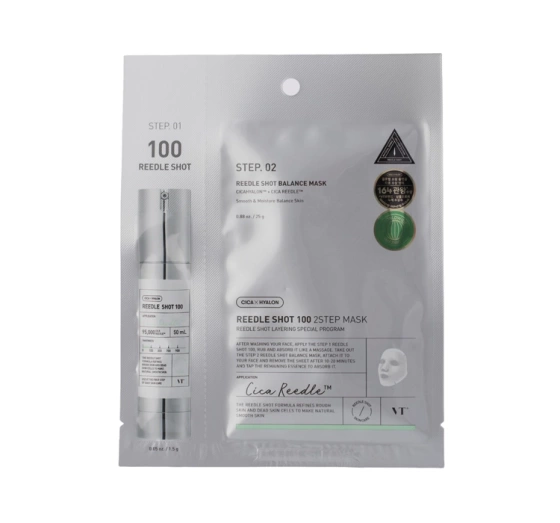 Kliknij na zdjęcie, aby je powiększyć VT Cosmetics Cica x Hyalon Reedle Shot 100 Straffende Behandlung mit Mikronadel-Technologie Ampulle 1,5 g + Tuchmaske 25 g