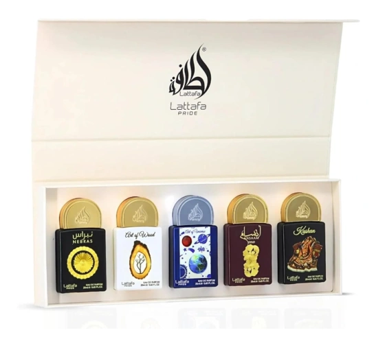 Kliknij na zdjęcie, aby je powiększyć Lattafa Eau de Parfum Spray Pride Nebras 20 ml + Pride Art of Wood 20 ml + Pride Art of Universe 20 ml + Pride Ansaam Gold 20 ml + Pride Kashan 20 ml