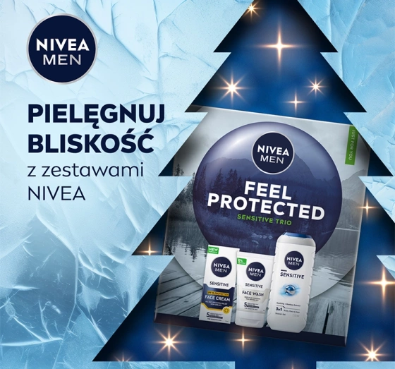 NIVEA MEN Feel Protected Sensitive Trio Geschenkset für Männer Duschgel + Gesichtswaschgel + Gesichtscreme SPF15