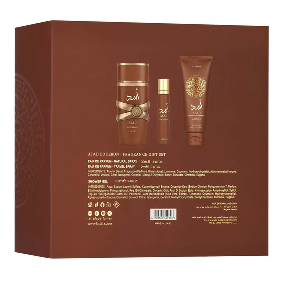 Lattafa Asad Bourbon Eau de Parfum Spray 100 ml + 12 ml + Duschgel 100 ml