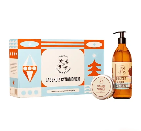 Kliknij na zdjęcie, aby je powiększyć Mydlarnia Cztery Szpaki Geschenkset mit Naturkosmetik Apfel mit Zimt Flüssigseife Gebackener Apfel 300 ml + Körpermousse Zimt mit Vanille 150 ml