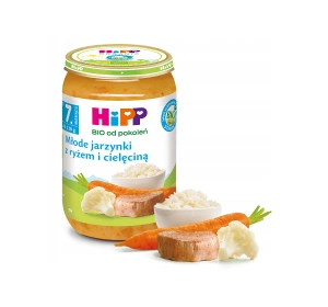 HiPP Bio Menü nach dem 7. Monat – Junges Gemüse mit Reis und Kalbfleisch 220g