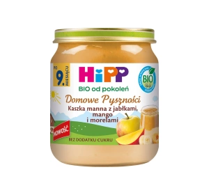 HIPP Bio „Hausgemachte Köstlichkeiten“ – Dessert im Gläschen für Kinder ab 9 Monaten: Grießbrei mit Äpfeln, Mango und Aprikosen, 200 g