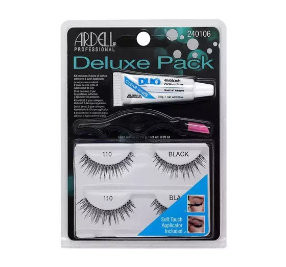 ARDELL DELUXE PACK SET KÜNSTLICHE WIMPERN 2 PAAR 110 BLACK + KLEBER + APPLIKATOR 