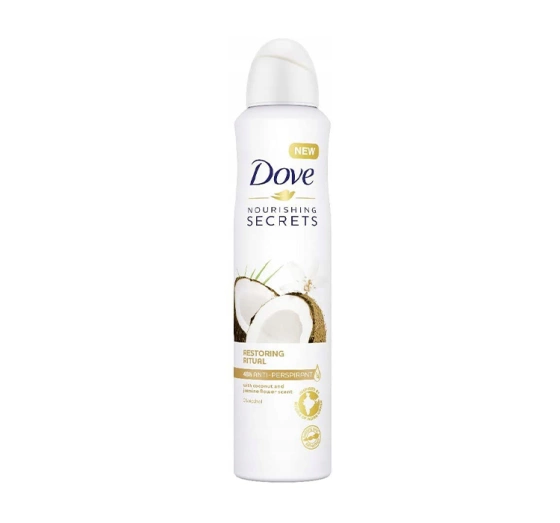 Kliknij na zdjęcie, aby je powiększyć DOVE NOURISHING SECRETS ANTITRANSPIRANT SPRAY COCONUT & JASMINE FLOWER 250ML