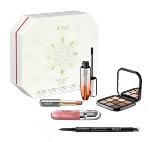 KIKO Milano Snow-Kissed Holiday Timeless Look Geschenkset für Make-up Eyeliner 0,35 g + Mascara 12 ml + Lidschattenpalette 2,5 g + Lippenstift 1,5 g + Lipgloss 6,5 ml