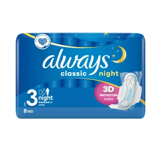 Kliknij na zdjęcie, aby je powiększyć ALWAYS CLASSIC HYGIENEBINDEN MIT FLÜGELN 3 NIGHT 8 STÜCK
