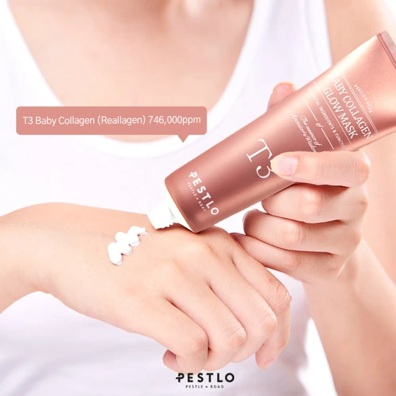 Kliknij na zdjęcie, aby je powiększyć Pestlo T3 Baby Collagen Glow Mask – Kollagen-Gesichtsmaske 50 ml + Silikonpinsel zum Auftragen der Maske