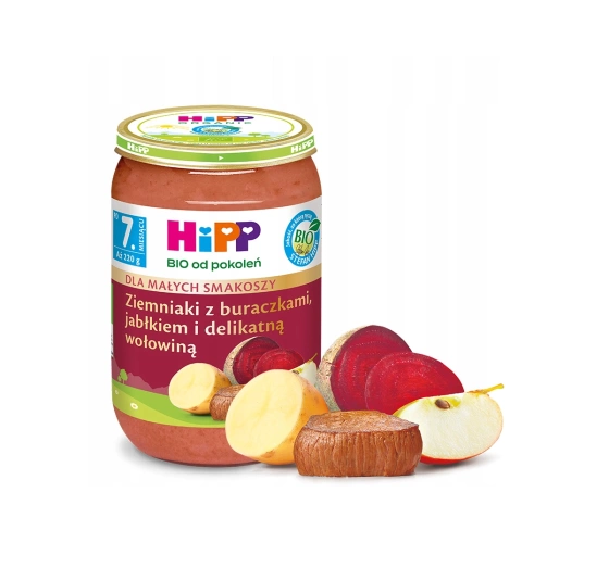 Kliknij na zdjęcie, aby je powiększyć HiPP Bio Menü nach dem 7. Monat Kartoffeln mit Roter Beete, Apfel und zartem Rindfleisch 220g