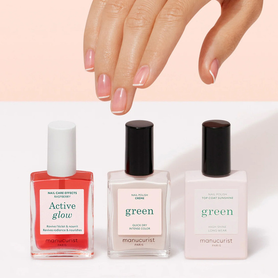 Manucurist Active French Routine – Set für die French-Maniküre: Pflege 15 ml + Nagellack 8 ml + Überlack 15 ml + Stempel