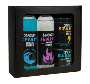 BINGOSPA Pflege-Set für Männer: Duschgel 300 ml + Haarshampoo 300 ml + After-Shave-Balsam 250 g + Badesalz 300 g
